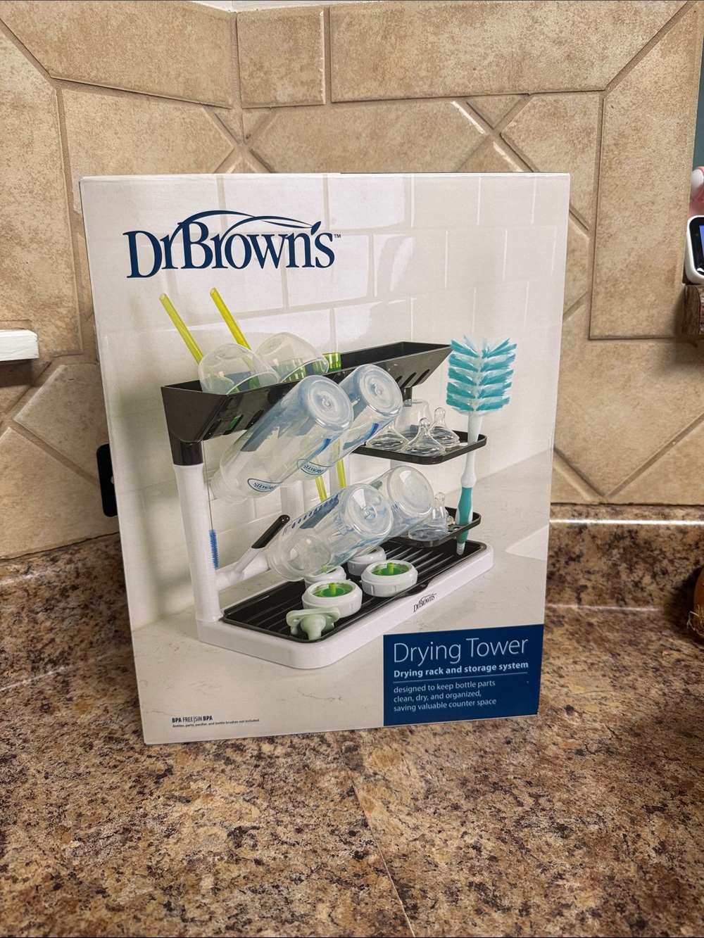 Dr. Brown's Drying Tower Bottle Rack - White & Black with Teal Brush